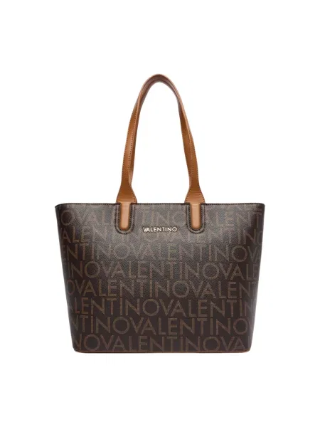 Lniana torebka skórzana Valentino By Mario Valentino elegancka brązowa