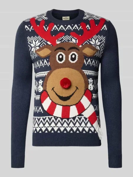 Sweter z dzianiny o kroju regular fit z wyhaftowanym motywem model RUDOLPH' Montego granatowy