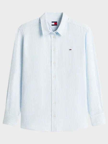 Льняная джинсовая рубашка Tommy Jeans в полоску голубая