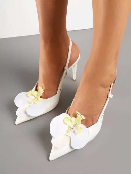 Sandały na Szpilce Vices Slingback z Kwiatem 3D Koviano białe