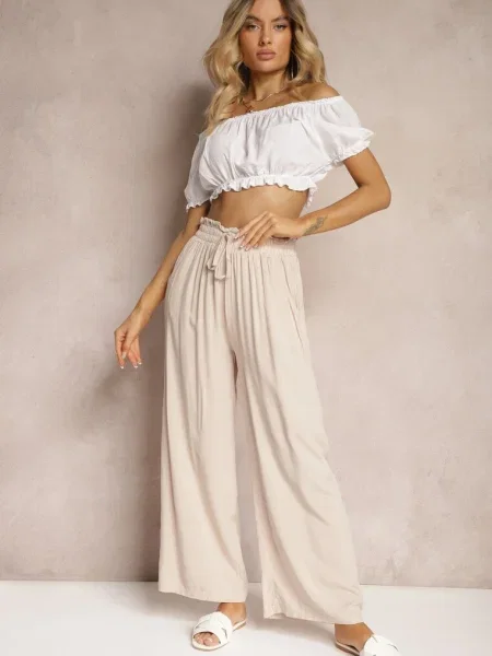 Jasnobeżowe Spodnie Palazzo High Waist z Bawełny Wykończone Gumką w Talii Nellsea beżowe