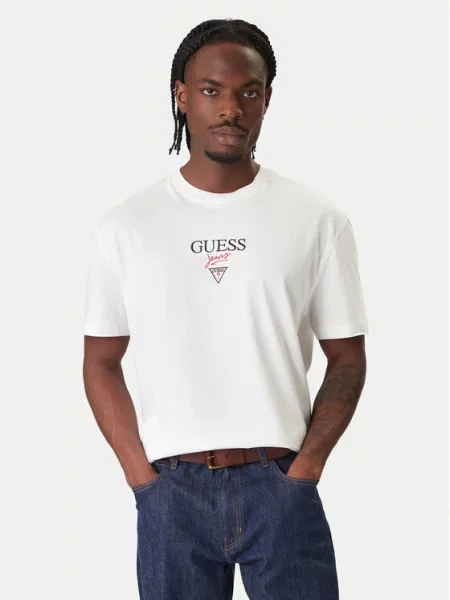 Guess Jeans t-shirt beżowy z nadrukiem biała