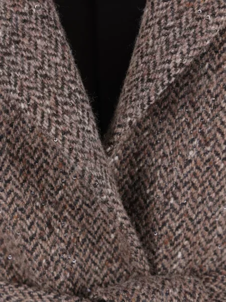 Cu centură palton Kiton cu model herringbone maro