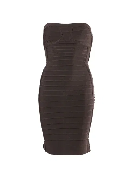 Sukienka midi Hervé Léger do kolan bez ramiączek garniturowa brązowa