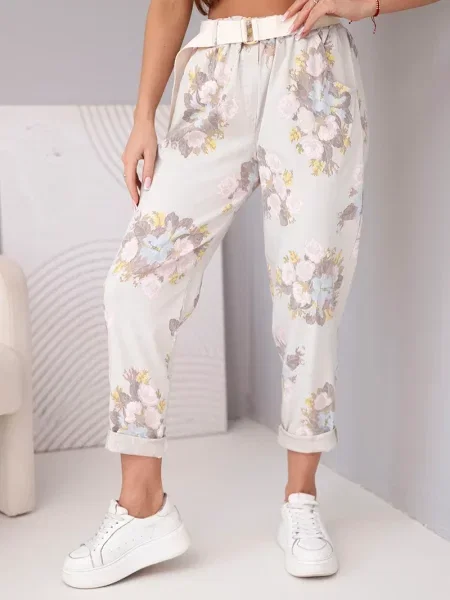 Pantaloni Kesi Włoski cu model floral bej