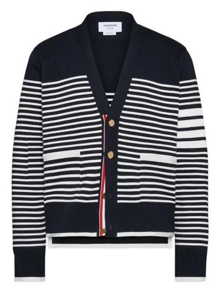 Cardigan Thom Browne cu dungi cu decolteu în V albastru