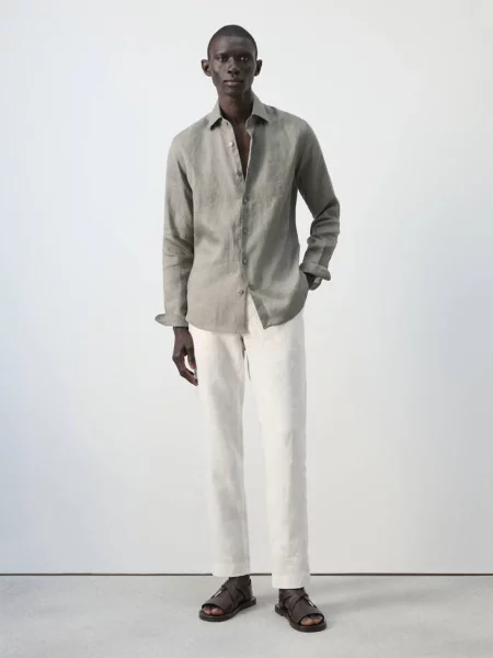 Koszula slim fit z lnu średni Mężczyzna S MANGO MAN brązowy