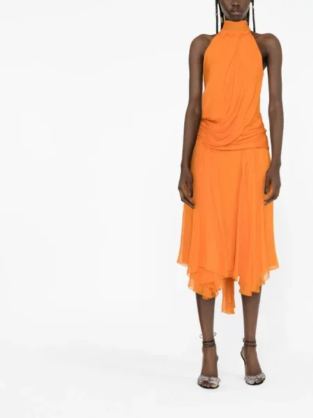 Hedvábné drapované midi šaty Alberta Ferretti po kolena oranžové