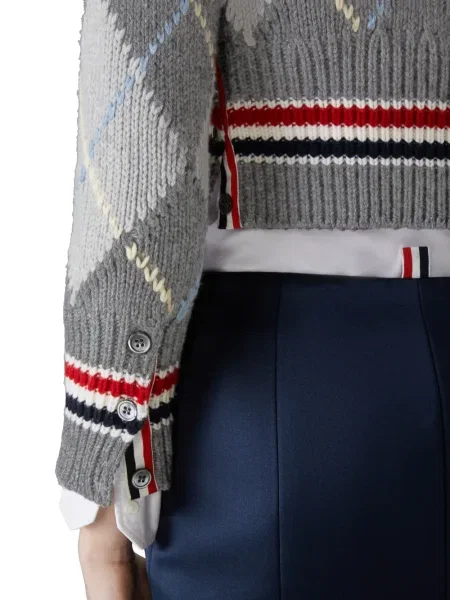 Cardigan Thom Browne cu decolteu în V cu model argyle gri