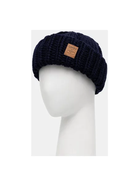 GANNI czapka wełniana Graphic Wool Hand Knit granatowy niebieska