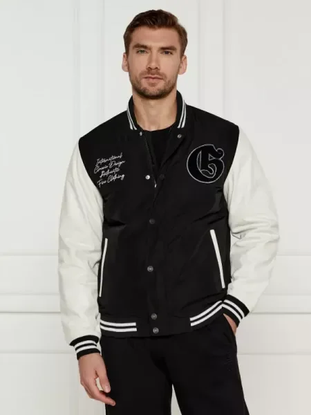 GUESS Bomber dzseki VERSITY bőr hozzáadásával fekete