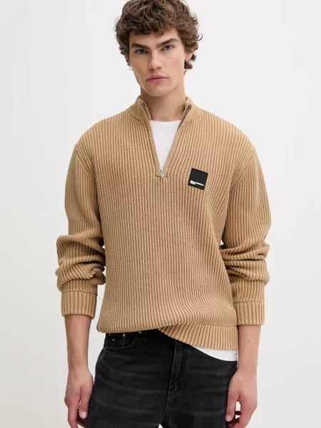 Пуловер Karl Lagerfeld Jeans мъжки зелено с ниско поло бежово