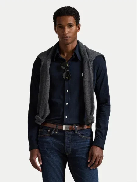 Dzianinowa koszula slim fit Ralph Lauren z długim rękawem niebieska