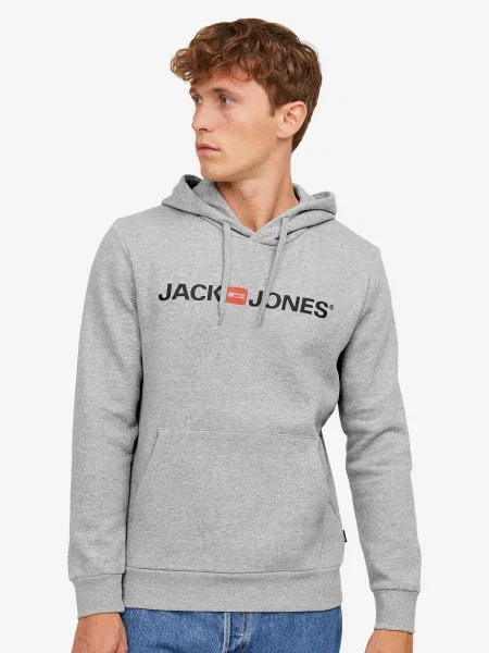 Sivá melírovaná mikina s potlačou a kapucňou Jack & Jones čierna