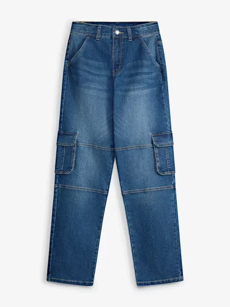 Jeansy loose fit cargo z regulowanym pasem straight niebieskie