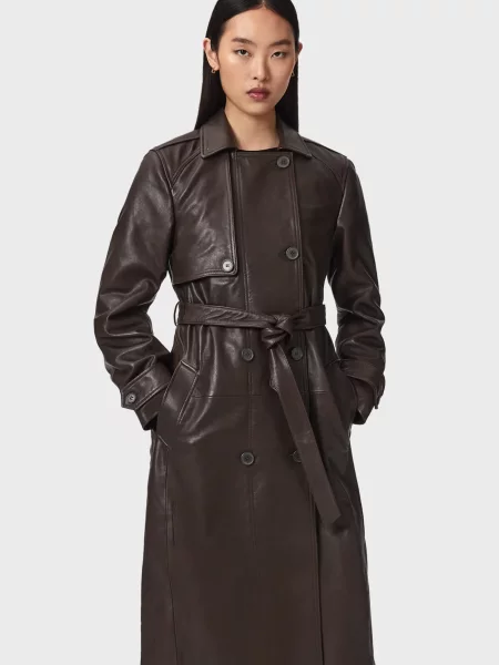 Шкіряний тренч Allsaints коричневий