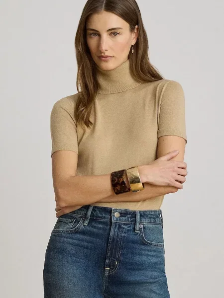 Lauren Ralph Lauren pulover cu guler înalt pentru femei cu amestec de mătase bej