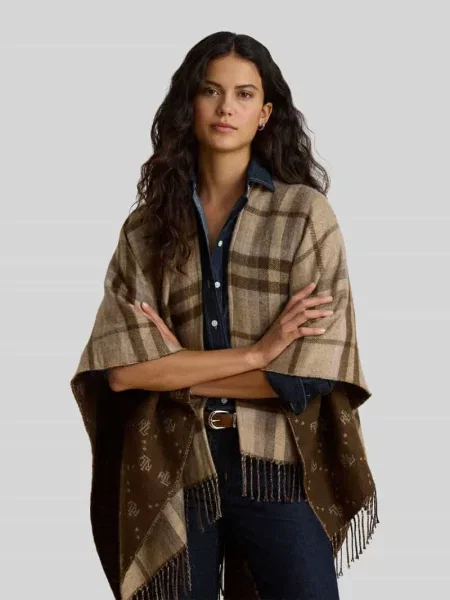 Ponczo z wełny z wykończeniem frędzlami Lauren Ralph Lauren beżowe