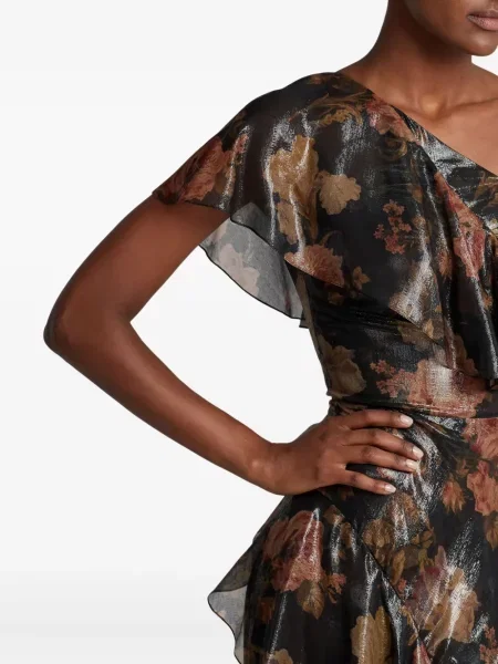 Κοστούμι μάξι φόρεμα Ralph Lauren Collection με βολάν ενός ώμου μαύρο