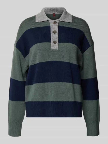 Sweter z dzianiny z kołnierzykiem polo z mieszanki wełny lana i kaszmiru Stefanel granatowy