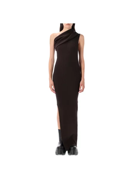 Sukienka maxi Rick Owens na jednym ramieniu prążkowana brązowa