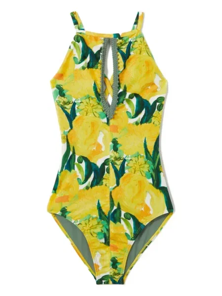 Costum de baie La Doublej cu model floral cu imagine cu gât halter galben