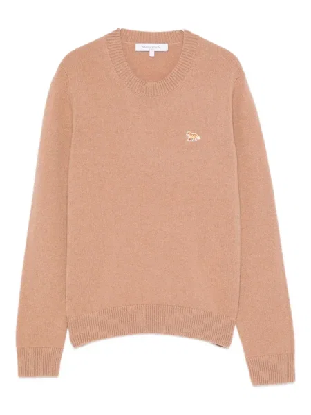 Pulover Maison Kitsune cu broderie cu decolteu rotund maro