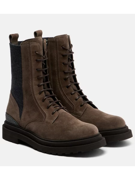 Botine Brunello Cucinelli cu șireturi din piele de căprioară maro