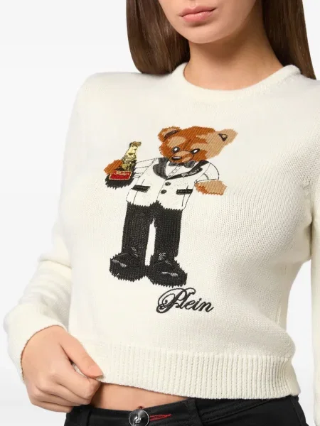 Pulover Philipp Plein cu decolteu rotund teddy alb