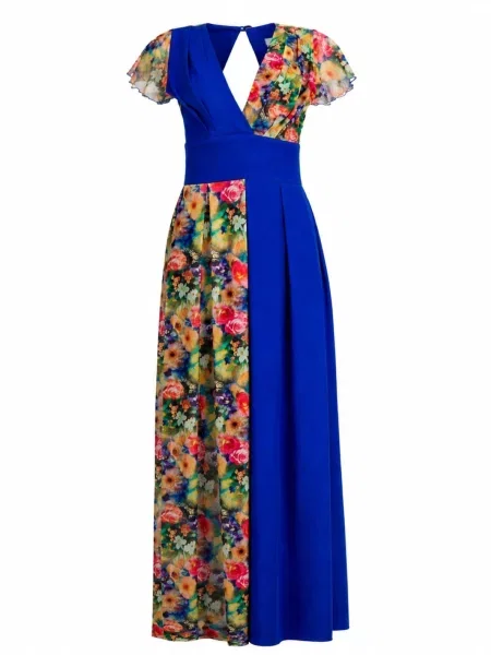 BIBI SAKALIEVA Rochie de cocktail Royal Blue Maxi Dress with Floral Lace Panels regal albastru
