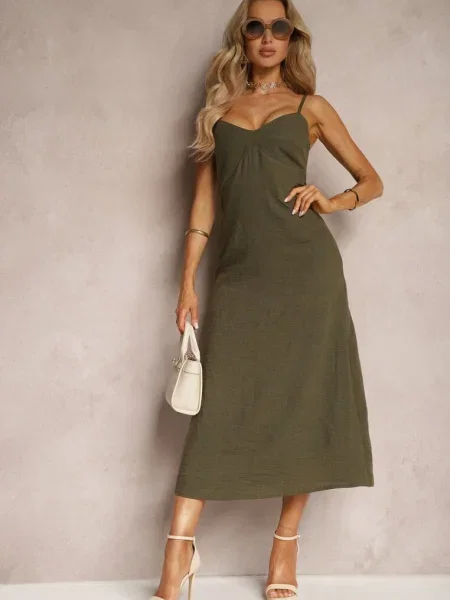 Rochie evazată cu bretele și decolteu triunghiular Tiamavera verde