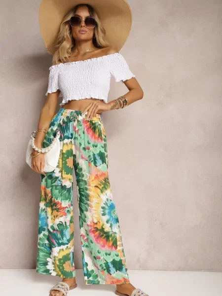 Spodnie o Szerokim Kroju High Waist Tie Dye z Gumką w Talii Nalflea zielone