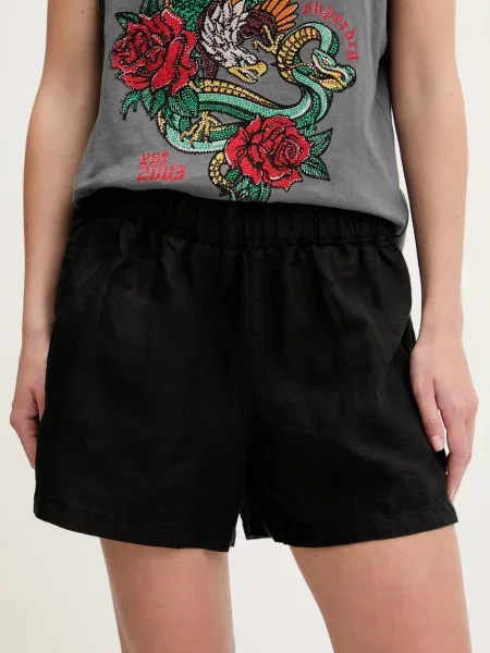 Superdry pantaloni scurți din in uni high waist negru