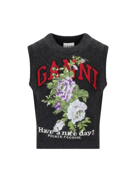 Sweter Ganni wełniany w kwiatki szary