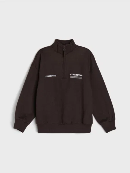 Sinsay Tepláková mikina half-zip s nápisem tmavě hnědá