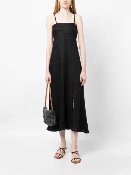 Lininė kostiumas midi suknelė Faithfull The Brand iki kelių juoda