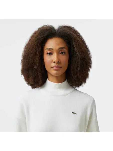 Lacoste Wełniany Sweter Z Wysokim Kołnierzem biały