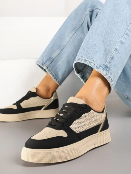 Sneakersy na Platformie Ozdobione Plecionką Perforacją i Brokatem Tulreia czarne