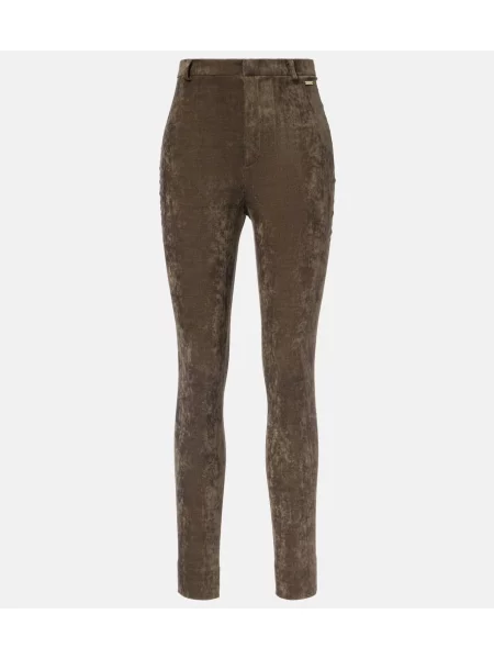 Hlače Gucci z visokim pasom iz rebrastega žameta rjava