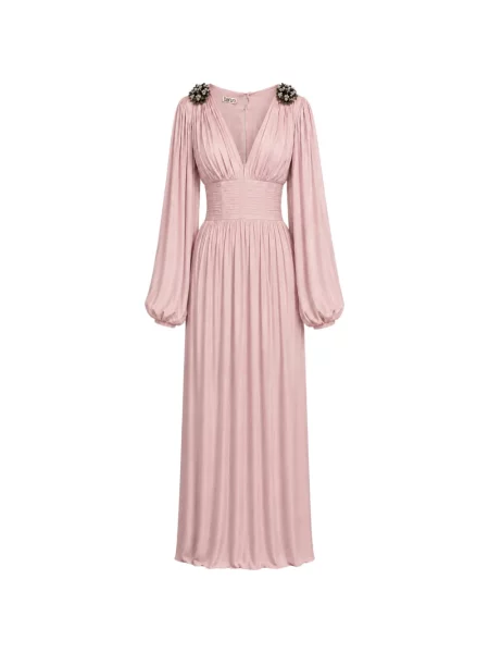 Rochie maxi Baruni cu model floral cu volane roz
