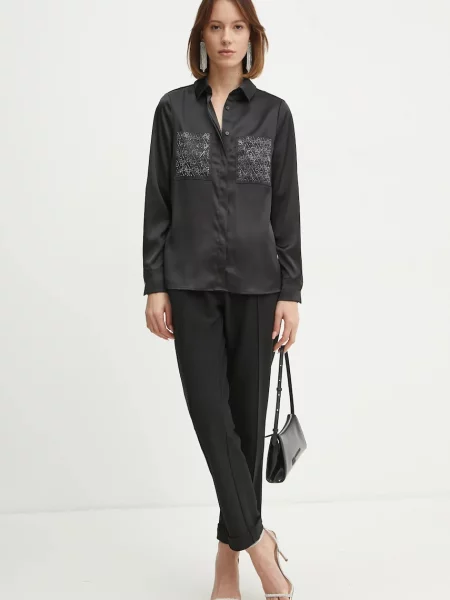 Guess koszula MARGUERITE regular z kołnierzykiem klasycznym czarny