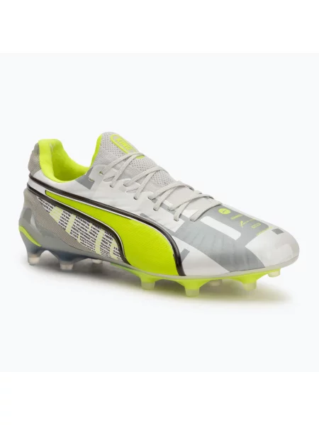 Încălțăminte de fotbal pentru bărbați PUMA King Ultimate Forever FG/AG feather gray/electric lime/puma white/flat light gray alb