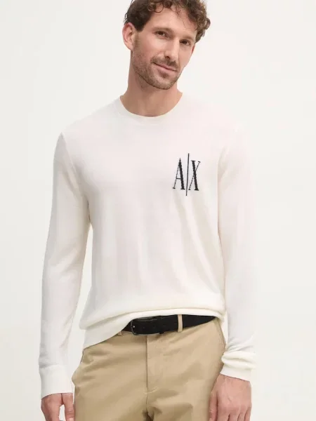 Вълнен пуловер Armani Exchange мъжки от лека материя бежово