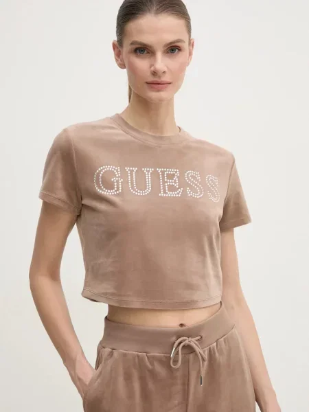 Кадифена тениска Guess COUTURE бежово