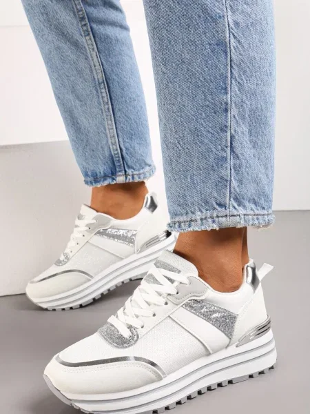 Sneakersy z Brokatem na Ozdobnej Grubej Podeszwie Rilveia białe