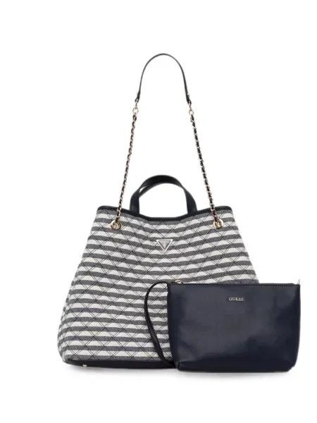 Matlasat geantă shopper Guess cu dungi alb
