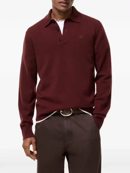 Lung tricou polo Burberry din cașmir roșu