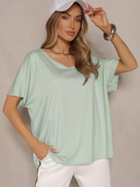 Jasnozielony T-shirt z Wiskozą w Stylu Nietoperza Liofala zielona