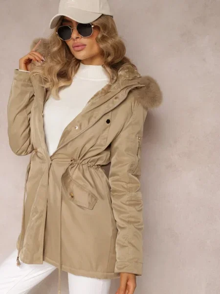 Jachetă parka cu glugă și blană decorativă Dioneta bej
