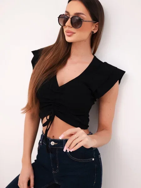 Top Kesi z falbankami prążkowany czarny